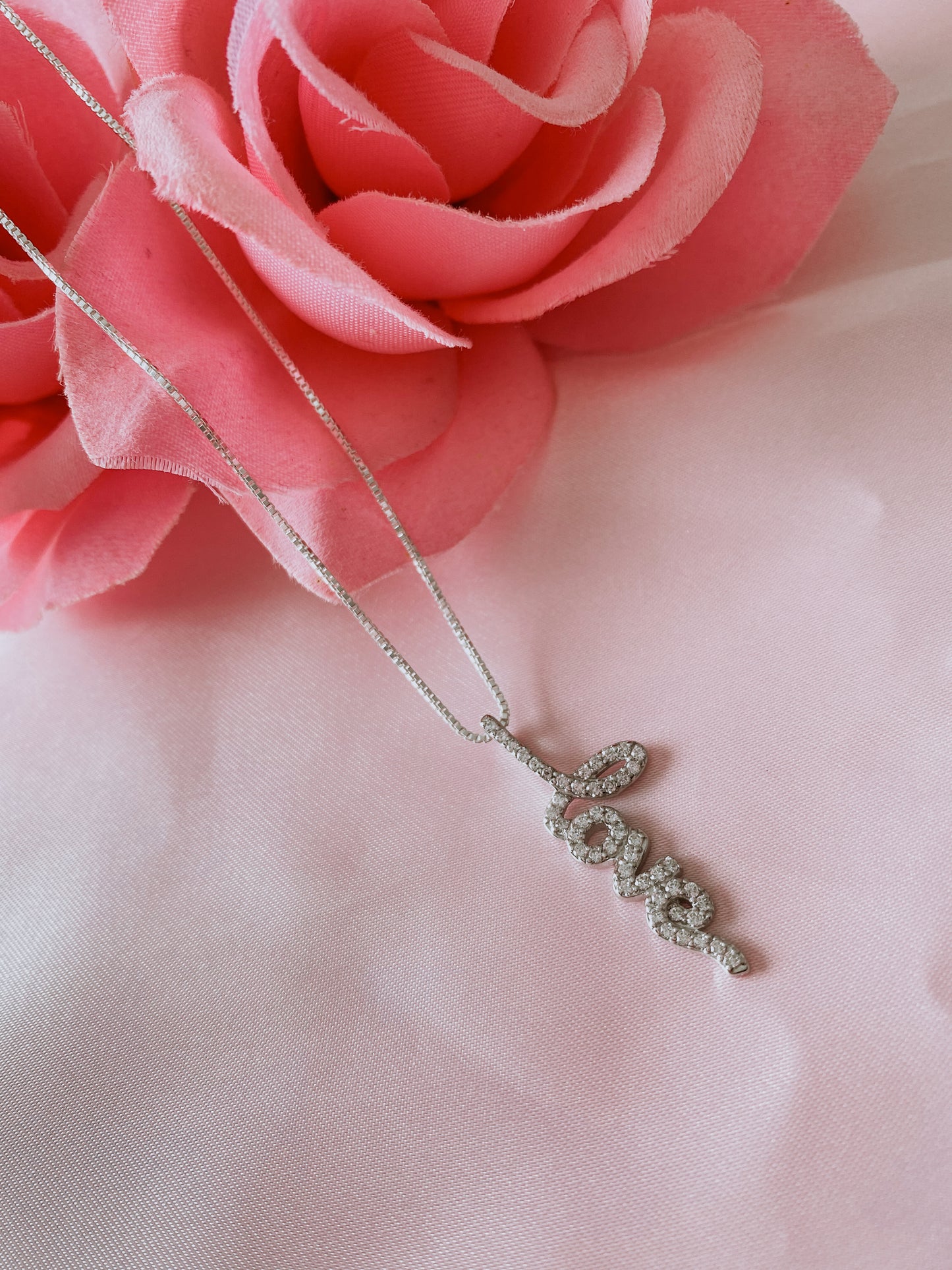 Sterling Silver Rhodium Plated CZ Love Pendant w/ 18" Chain
