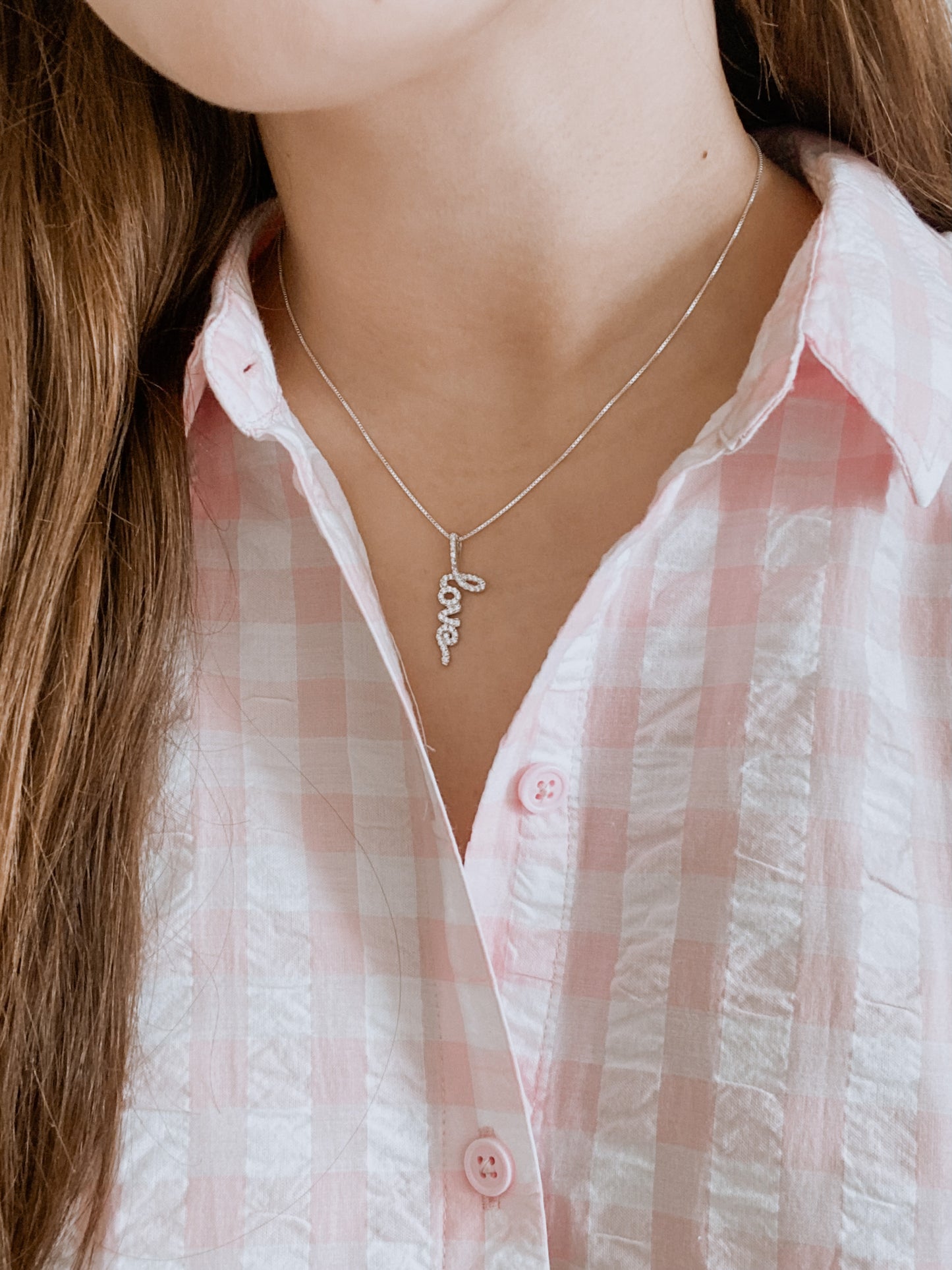 Sterling Silver Rhodium Plated CZ Love Pendant w/ 18" Chain