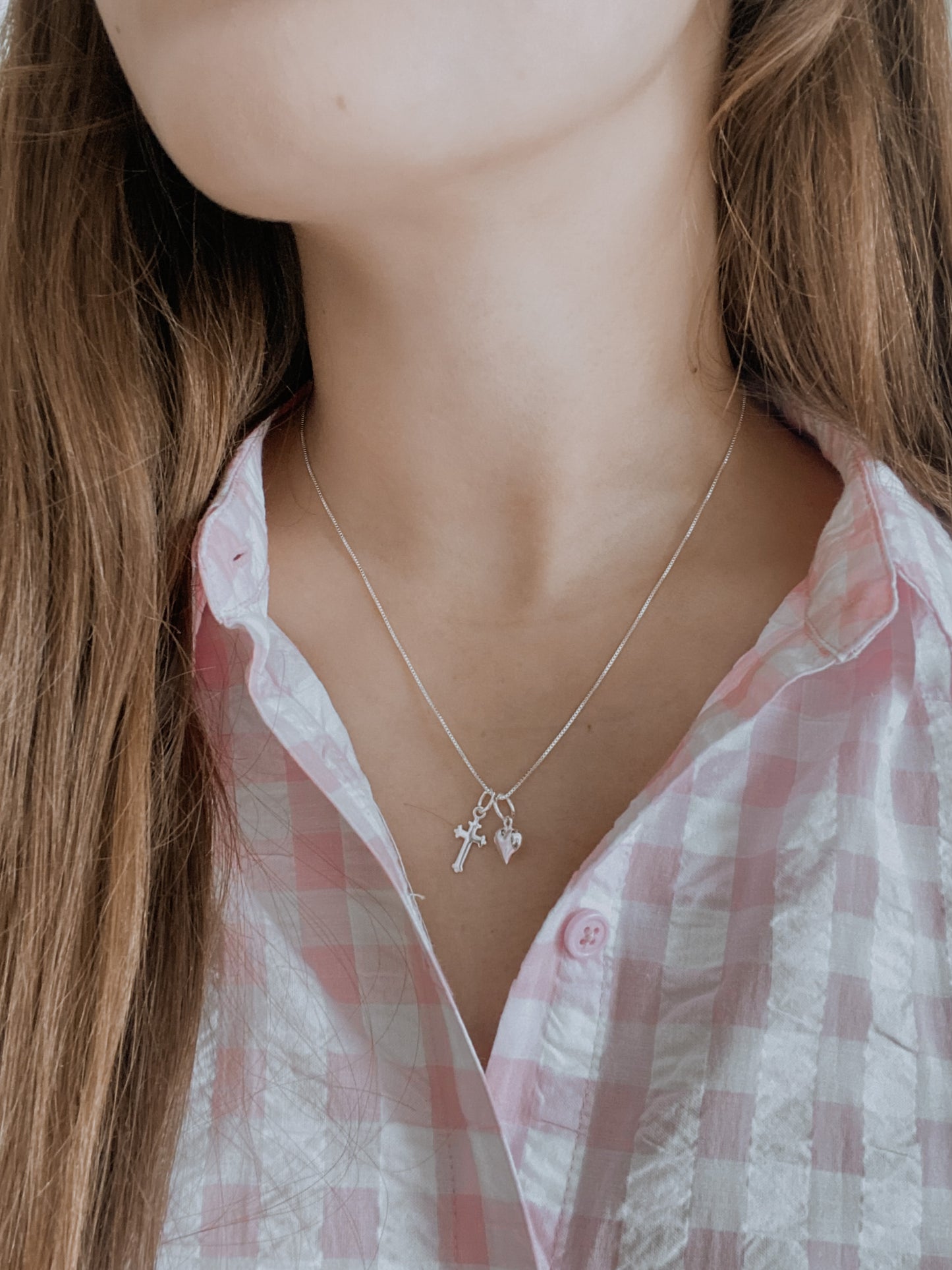 Sterling Silver Petite Puffed Heart and Cross Set w/ 18" Chain