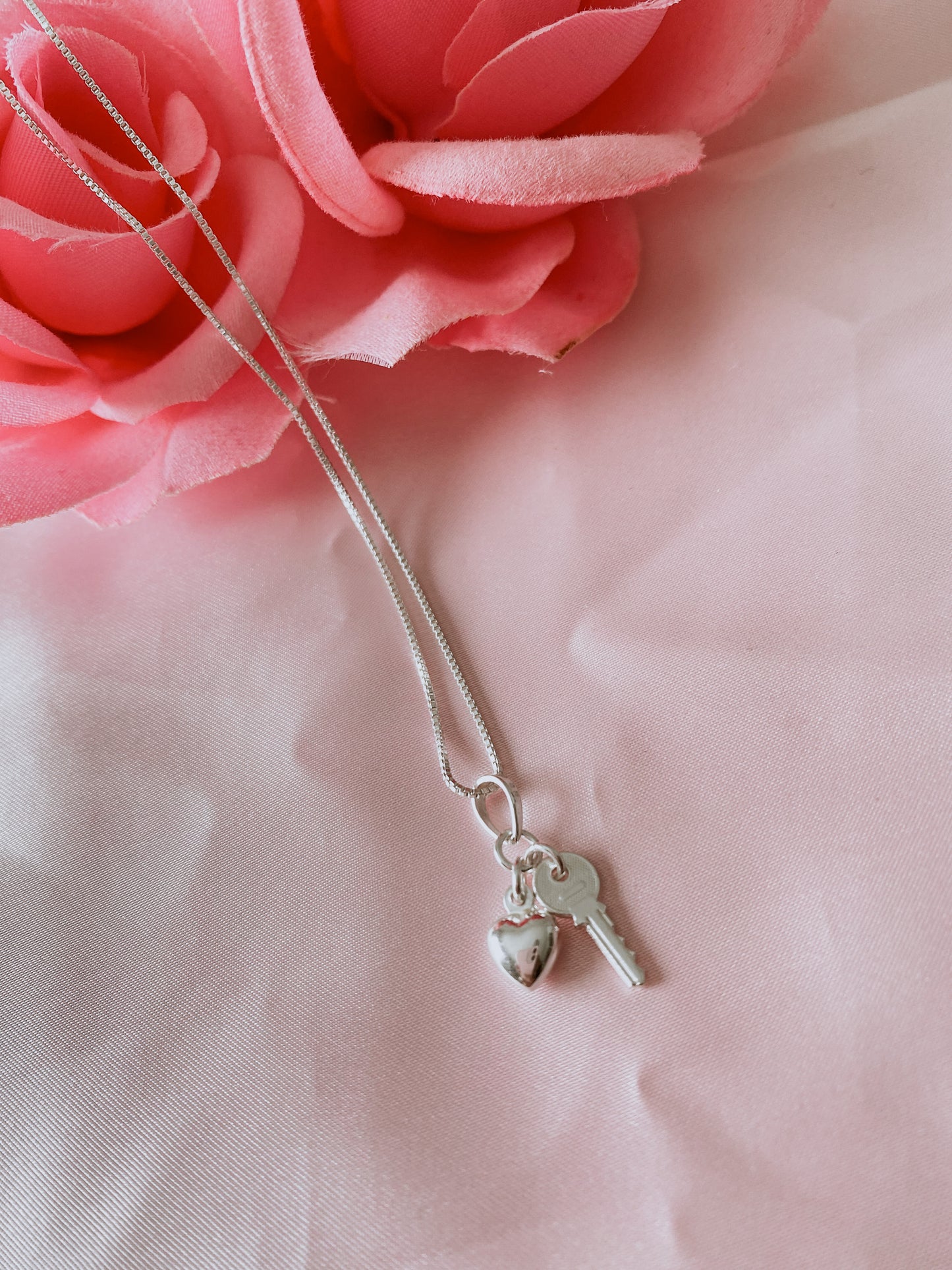 Sterling Silver Puffed Heart and Key Charm Set w/ 18" Chain