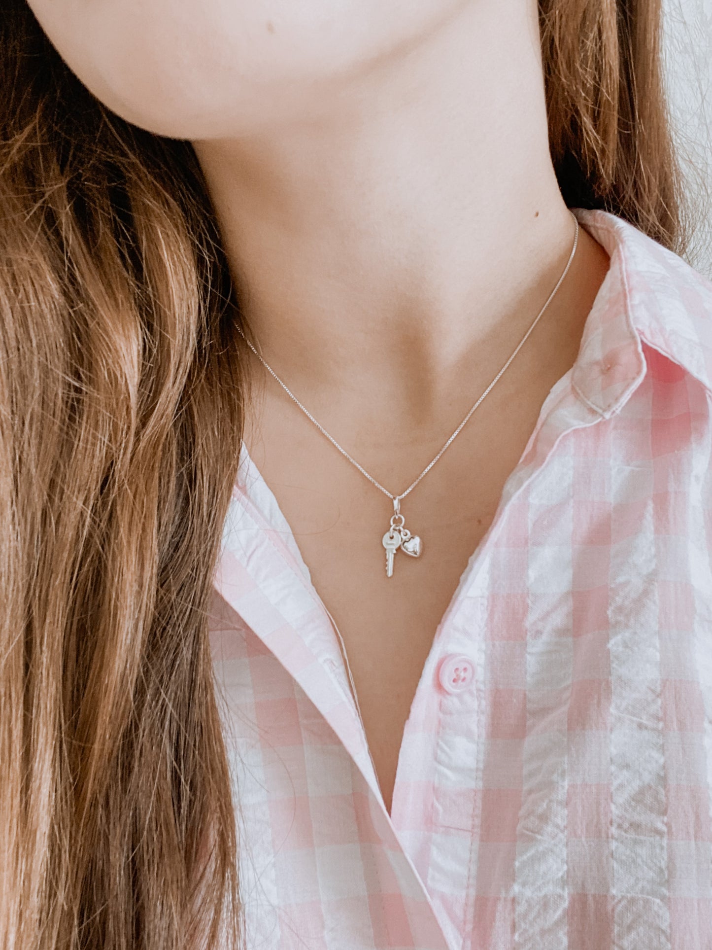 Sterling Silver Puffed Heart and Key Charm Set w/ 18" Chain