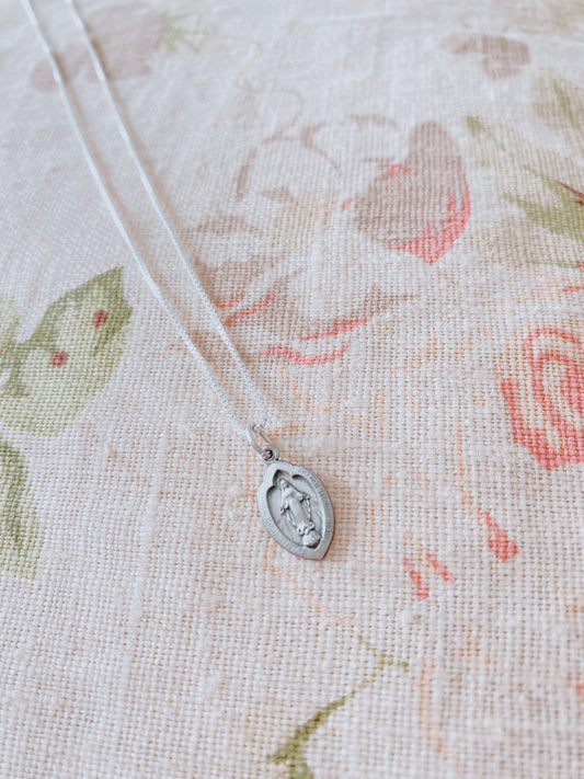 Sterling Silver Petite Antiqued Miraculous Mary Medal w/ 18" Chain