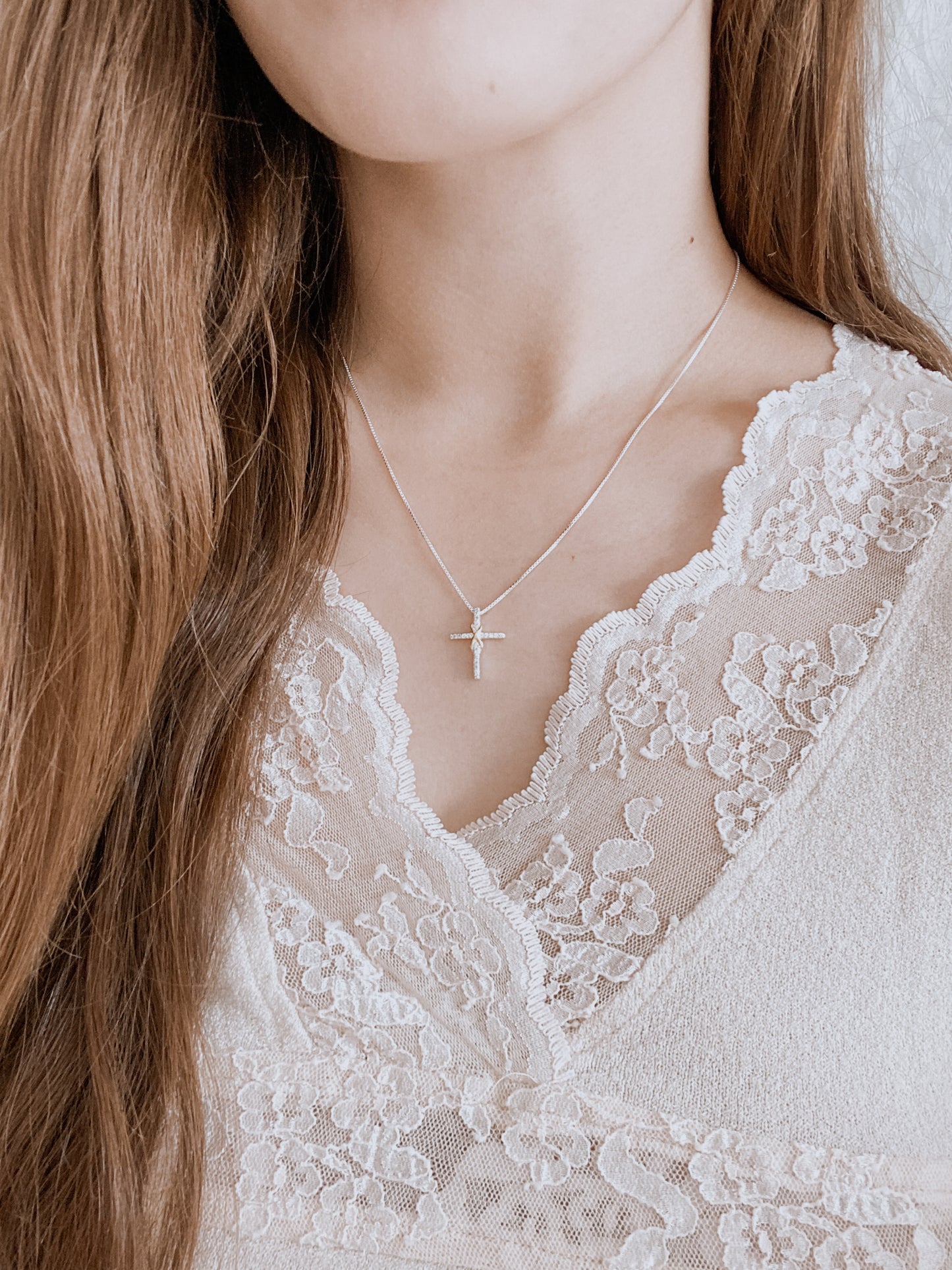 Sterling Silver and Gold Tone CZ Cross Pendant w/ 18" Chain