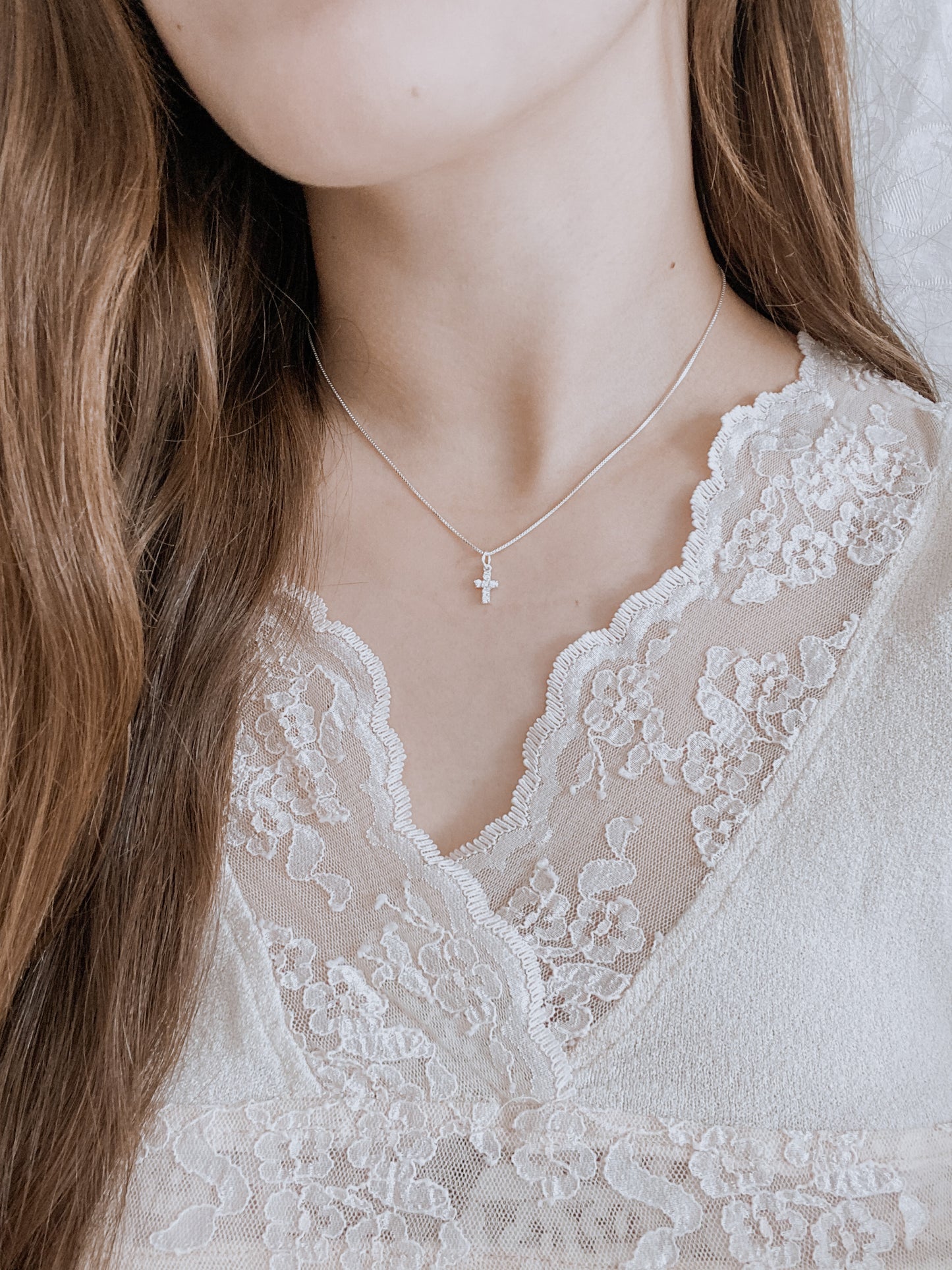 Sterling Silver Keepsake CZ Cross w/ 18" Sterling silver box chain.