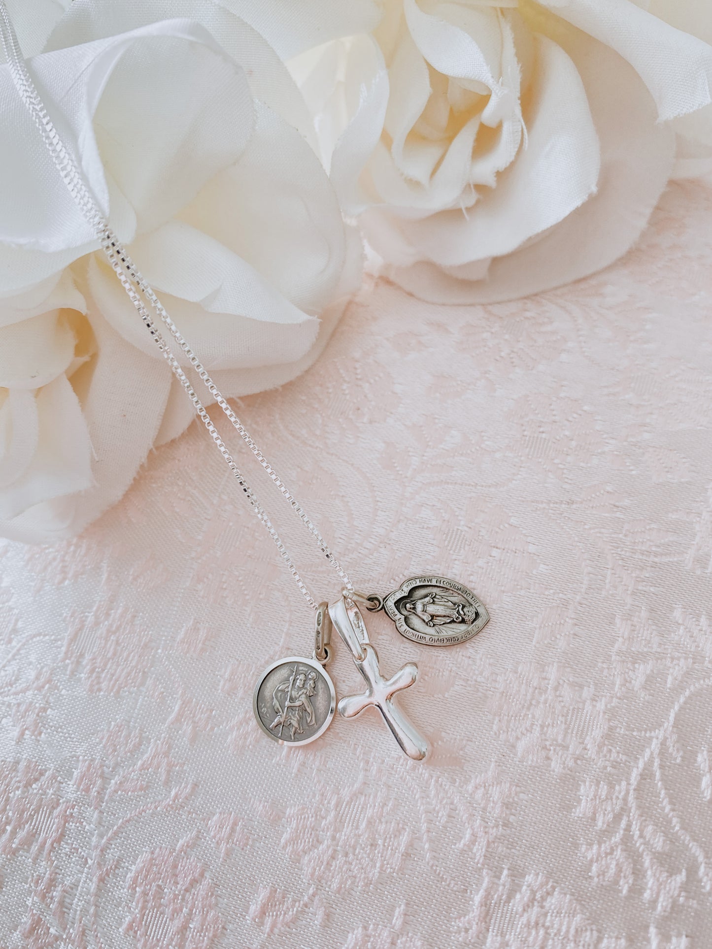 Sterling Silver St. Christopher, Miraculous Mary, and High Polished Cross Medals w/ 18" Chain