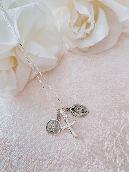 Sterling Silver St. Christopher, Miraculous Mary, and High Polished Cross Medals w/ 18" Chain