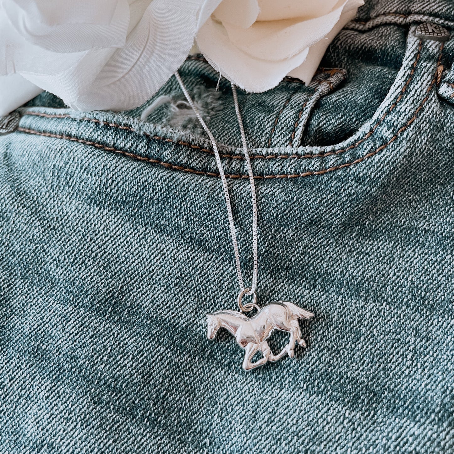 Sterling Silver Large Shiny Running Horse w/ 18" Chain