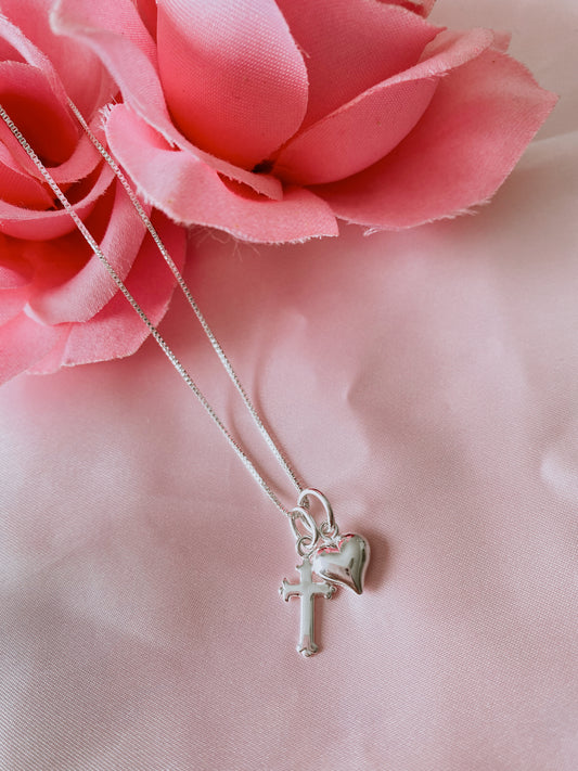 Sterling Silver Petite Puffed Heart and Cross Set w/ 18" Chain