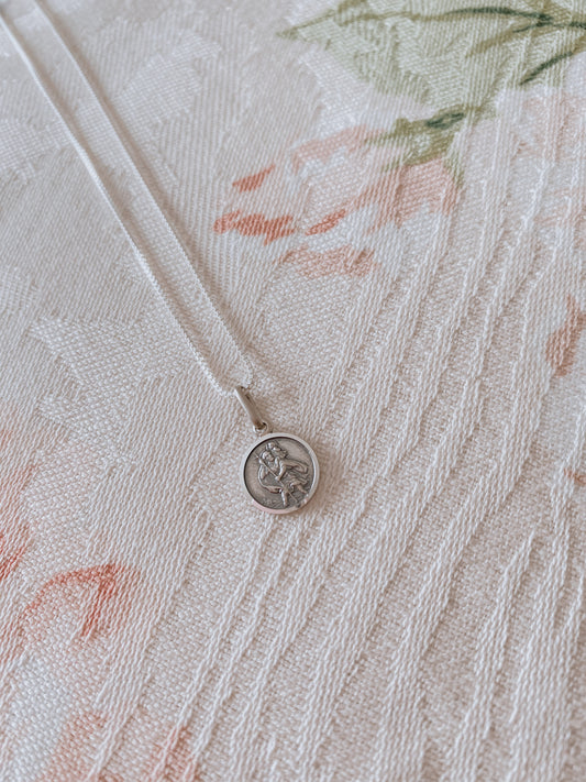 Sterling Silver Petite Round Antiqued St. Christopher Medal w/ 18" Chain