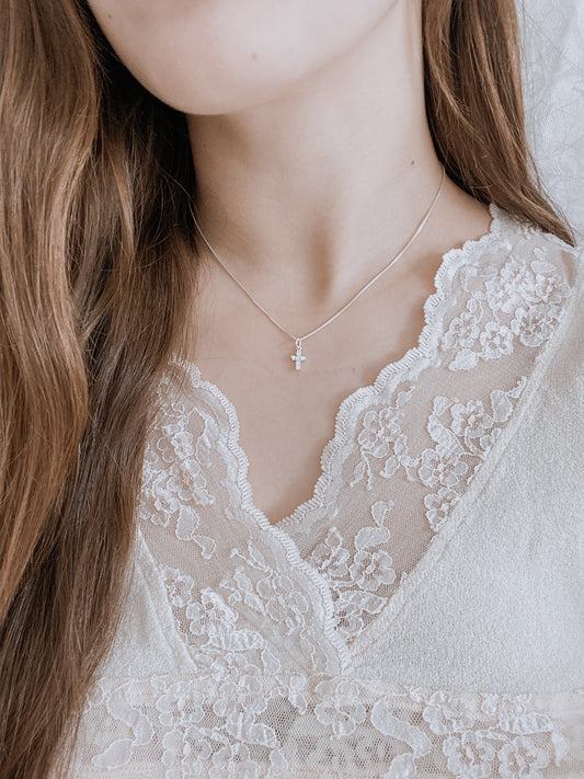 Sterling Silver Keepsake CZ Cross w/ 18" Sterling silver box chain.